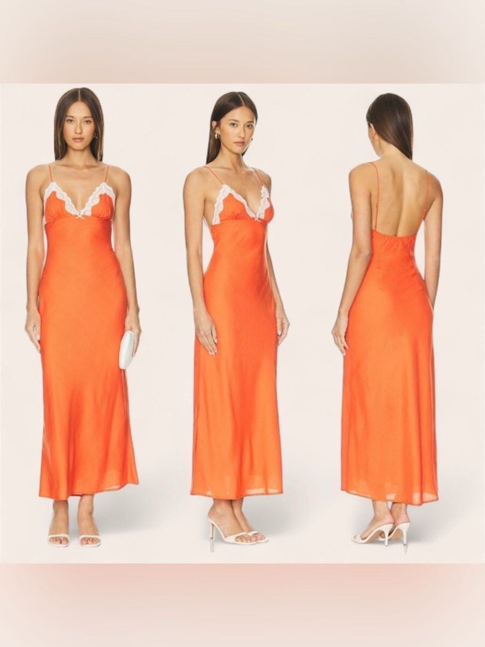 Orange Satin Lace-Trim Slip Dress